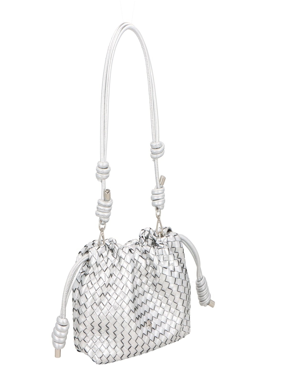 Imagem principal BOLSA PEQUENA EM COURO PRATEADA TRESSÊ COM ALÇA DE NÓS Luiza Barcelos prata