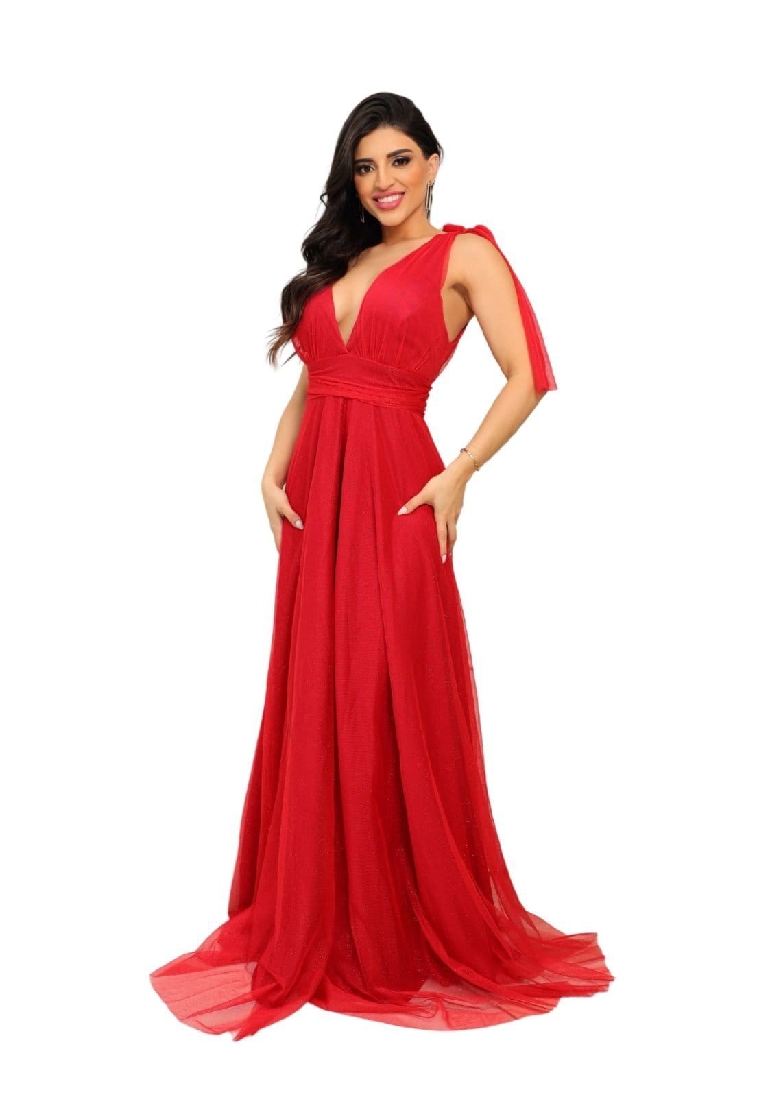 Vestido Longo de Festa Micro Tule com Brilho Madrinhas Decote em V Greice