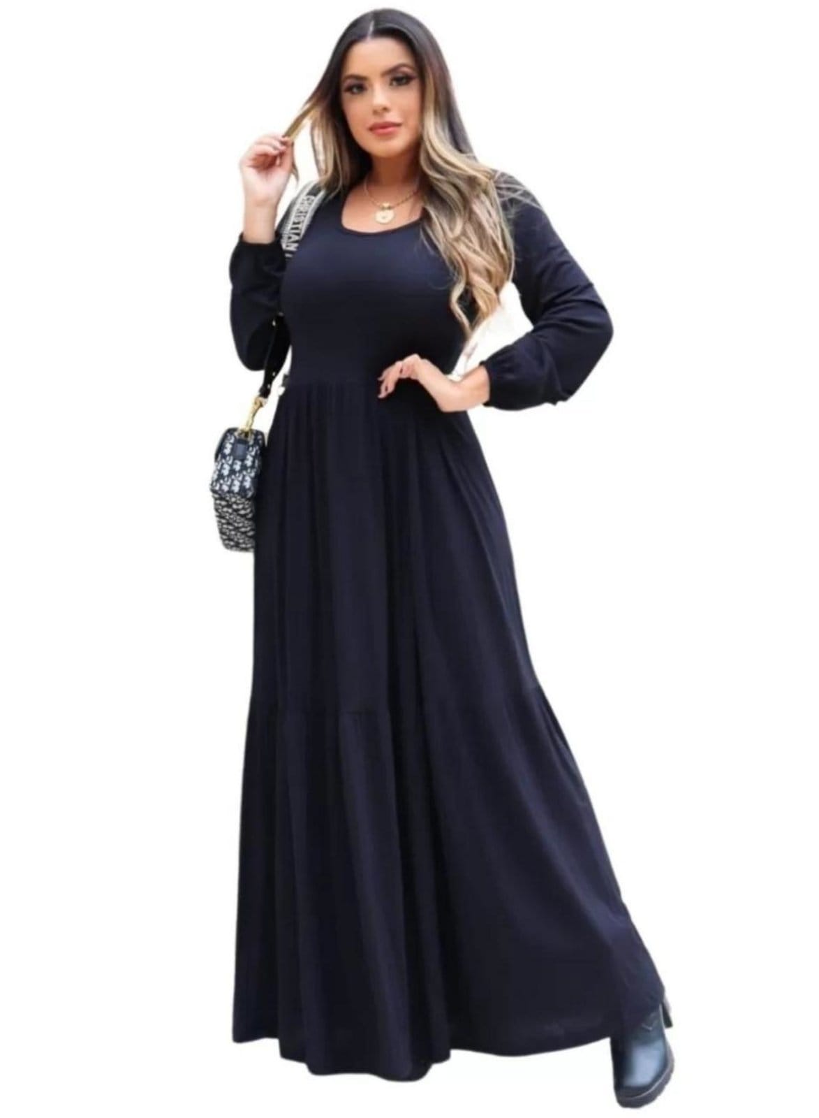 Vestido Longo Manga Longa Outono Inverno Viscolycra