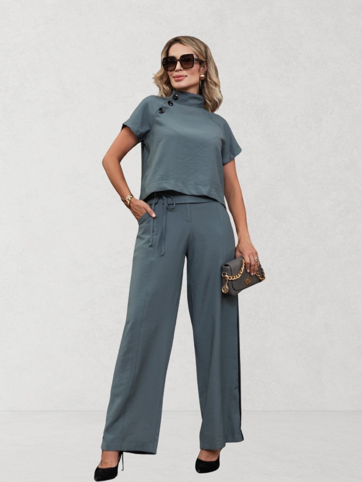 Conjunto Via Lessa Viena Blusa em Alfaiataria Chumbo