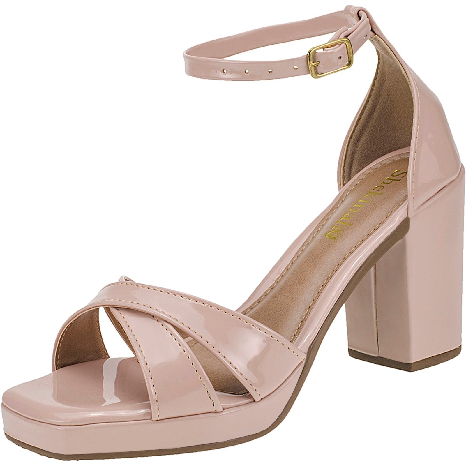 Imagem principal Sandália Feminina Salto Alto Bico Quadrado Meia Pata Shekinah Verniz Tiras Confortável Shekinah nude